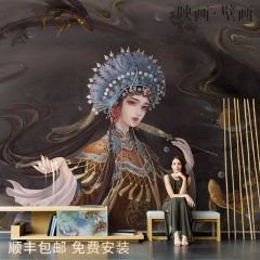 中式手绘抽象艺术复古京剧花旦人物壁纸客厅电视背景墙纸无缝壁画
